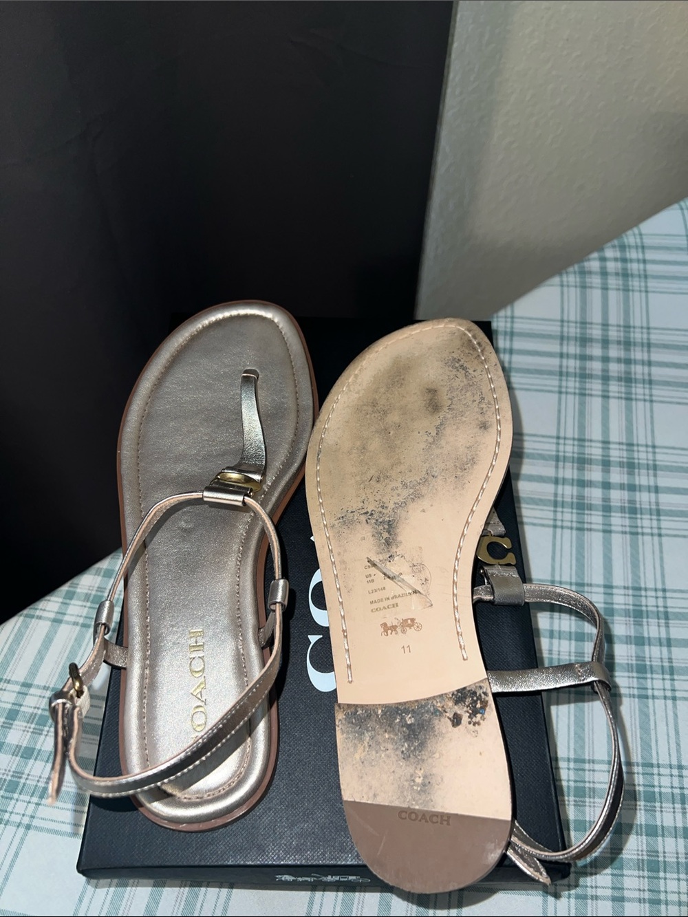 Coach Metallic Champagne Leather T-Strap Sandals - Picture 5 of 5